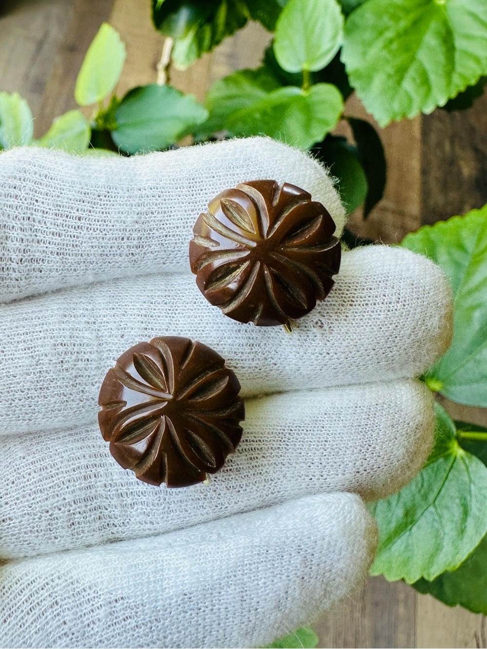 BAKELITE Vintage Chocolate Brown Carved Flower Button Earrings Screw Backs